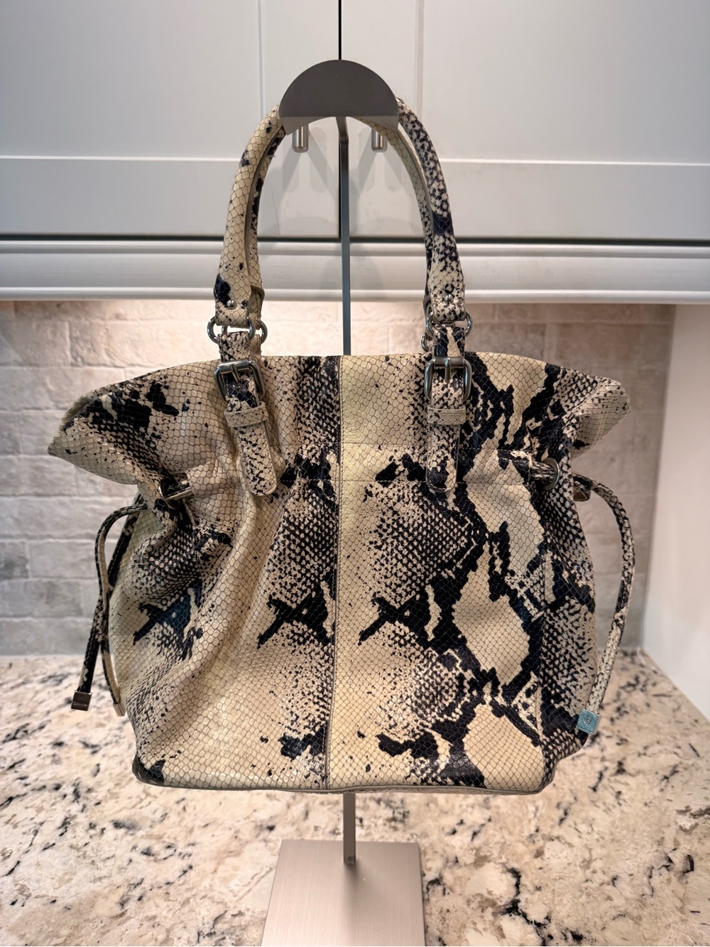Calvin Klein EUC Python-Print Shoulder Bag in Cream & Black